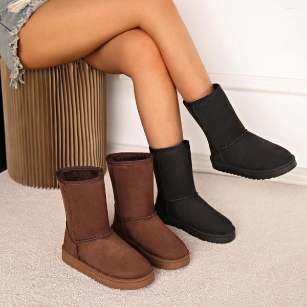 Boots 2024 Winter Women Suede Leather Warm Snow Causal Plush Platform Large Size Slip-on Mid-calf