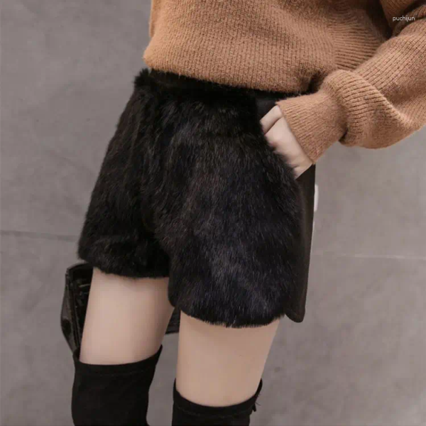 Women's Shorts Thick Women Stretch High Waist Plush 2024 Autumn Winter Faux Fur Casual Black Boot Pants