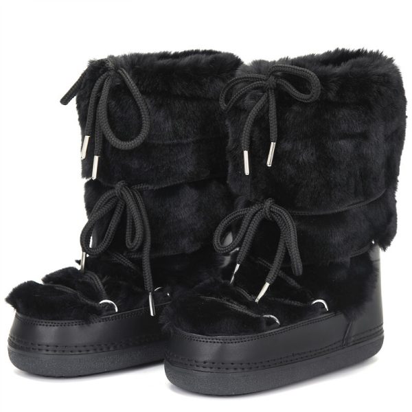 Winter Snow Women Fluffy Furry Fuzzy Faux Fur Lace Up Middle Calf Platform Pink Black White Ski Boots