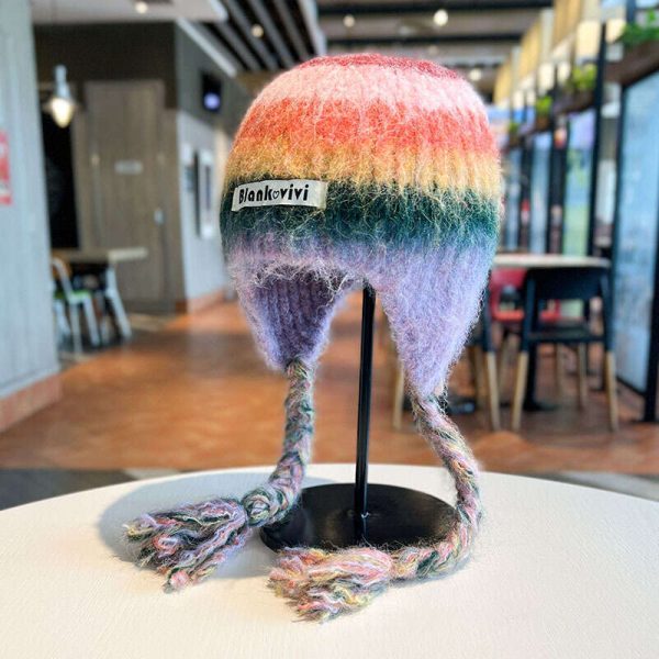 Beanie Striped design knit hat for winter outdoor warm Rainbow Christmas gift to girls knitted hat bonnet Christmas gift for girls very good