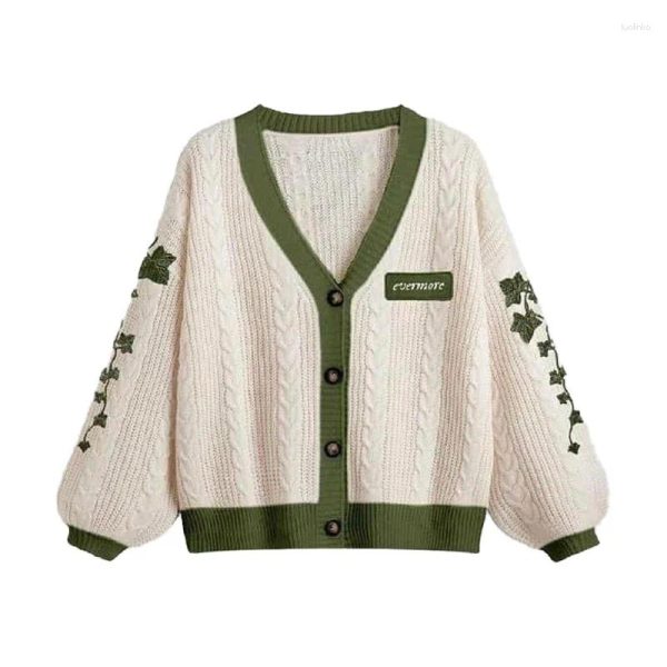 Women's Knits HOUZHOU Evermore Tay Cardigan Women Green Leaf Embroidery Button Knit TS Long Sleeve Vintage Sweater Coat Fall Winter