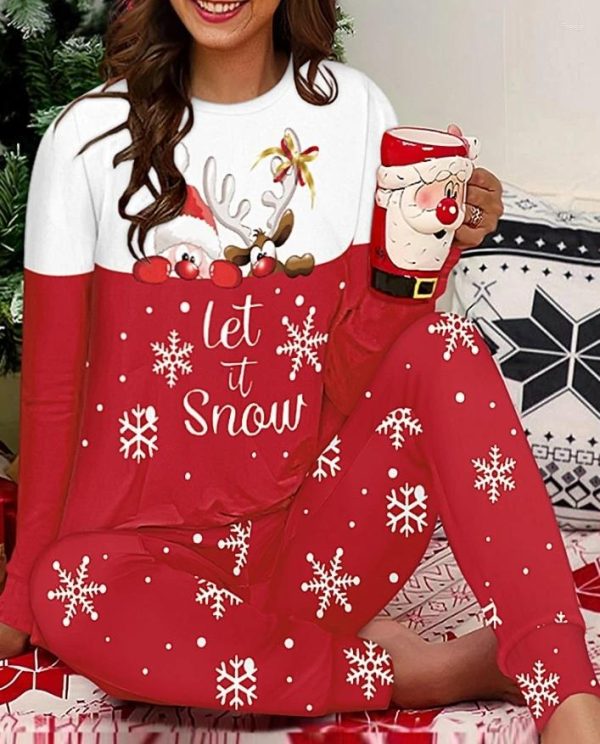 Women's Two Piece Pants 2 Christmas Let It Snow Cartoon Print Crewneck Pullover Top Casual Pajamas Set