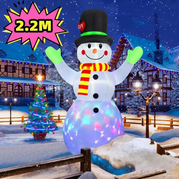 2.2M/7-foot Christmas inflatable green gloves snowman outdoor model with built-in rotating LED lights for indoor and outdoor Christmas decoration 241024