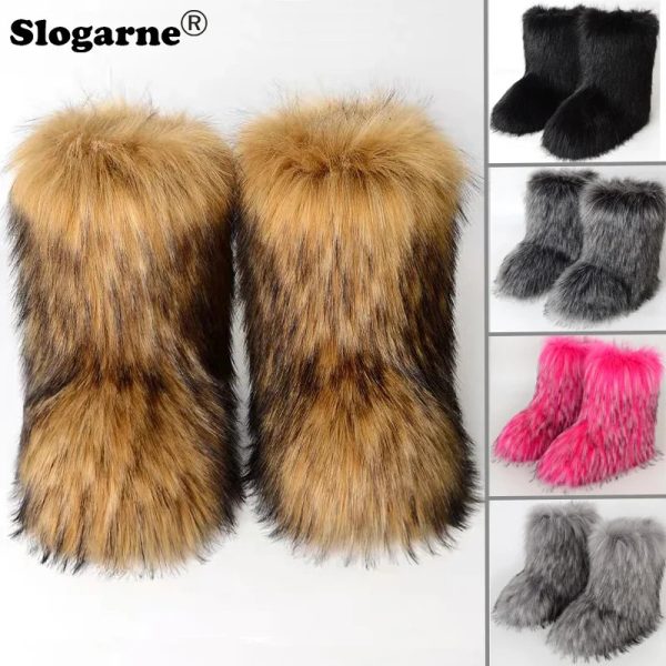 Women's Fluffy Faux Fox Woman Plush Warm Snow Boots Footwear Girls' Furry Fur Bottes Fashion Winter Shoe