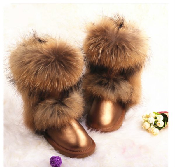 Winter Women Genuine Leather Snow Fox Fur Mid-Calf Warm Boots Female Shoes Size 34-40