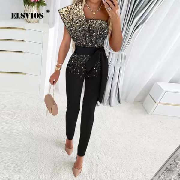 Womens Jumpsuits Rompers Womens Jumpsuits Rompers Autumn Jumpsuit Women Fashion Sequins Patchwork Short Sleeve Slim Bodycon Outfits Lady Elegant Sexy Party Overa