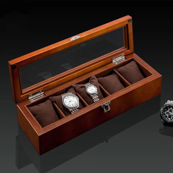 5 Slots Wood Watch Organizer With Glass Watch Case Storage Box Fashion Holder For Men Watch Display Box 241025