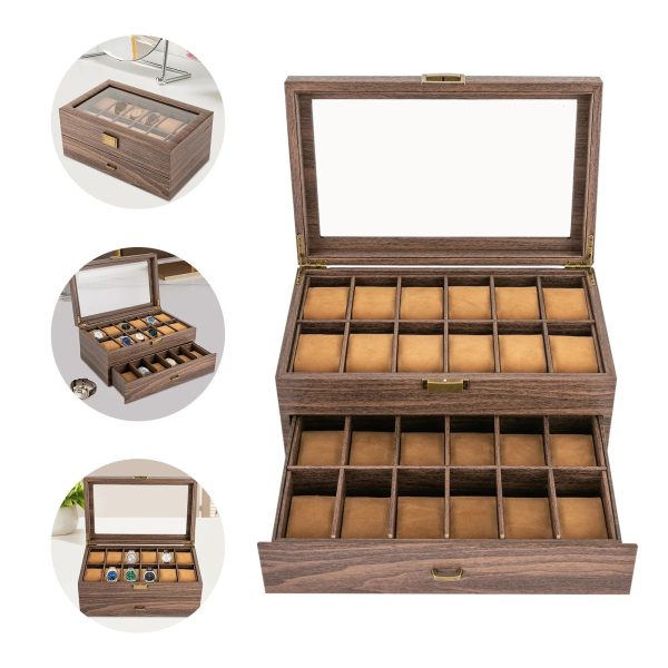 2-Tier Watch Box with 24 Compartments Wood Watch Case for Men Women Large Capacity Watch Storage Case Watch Holder Organizer 241025