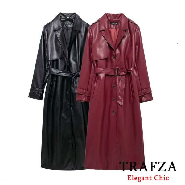 TRAFZA Women Fashion PU Trench Lapel Classic Solid Long With Belt New 2024 Fall High Street Leather Coat