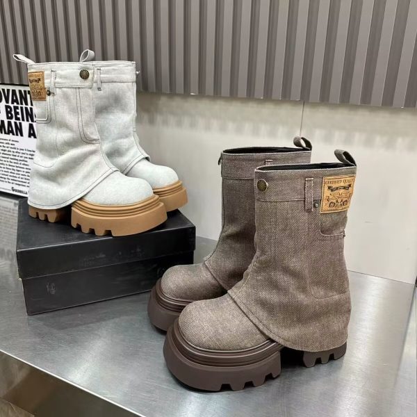 Women Fashion Boots:Niche Design Korean Version Versatile Short Martin Boots Thick Sole Winter Trendy Wear,Grey/Beige,Free shipping