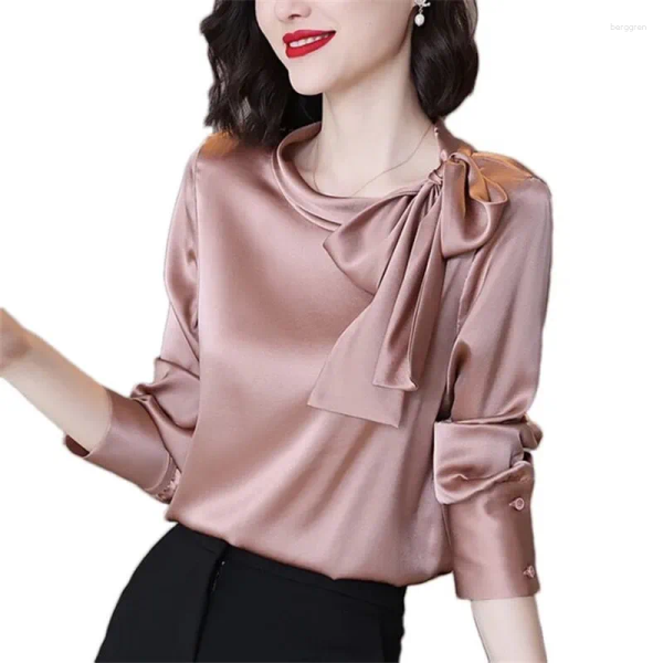 Women's Blouses Spring Autumn Fashion Lace Up Bow Acetate Satin Shirt Sweet Chiffon Blouse Women Artificial Silk Tops Plus Size Camicette