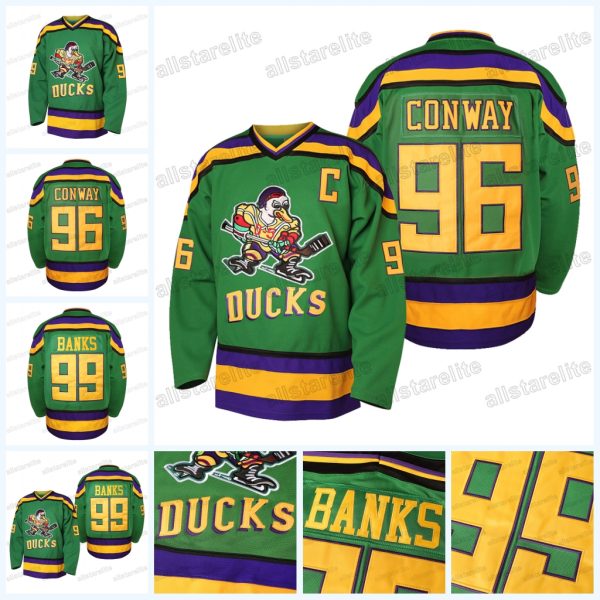 Youth Mighty Duck Jerseys 99 Banks 96 Conway 33 Goldberg Movie Hockey Jersey Black Green Stitched Casual Festive Vintage Classic shirt