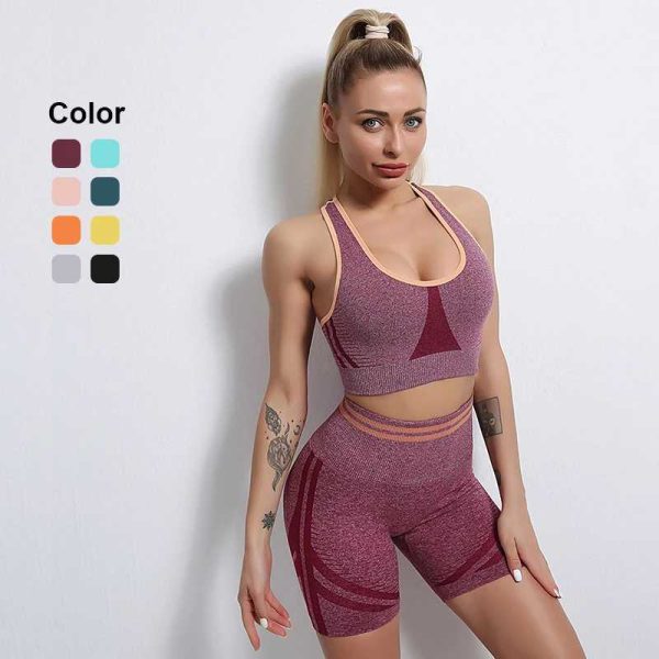 Women's Tracksuits Seamless Sport Set Women Sexy Bra Shorts Sportswear 2 Pieces Stripe Patchwork Workout Outfit Fitness Suit Gym Clothing Y241029NMMY