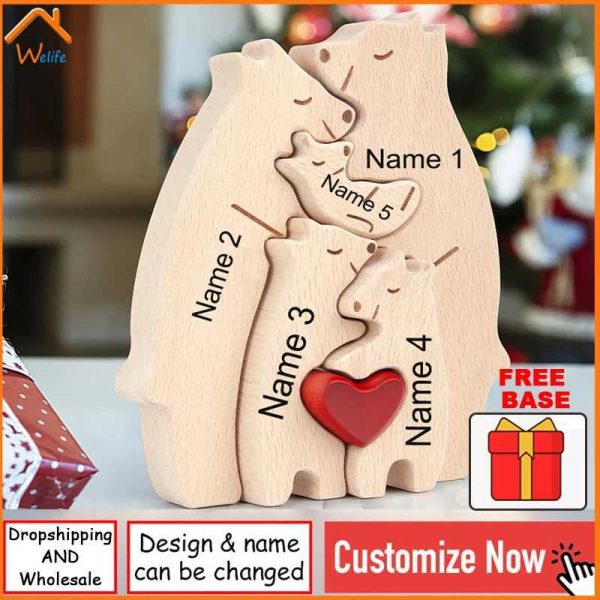 Wooden Bear Family Puzzle First Birthday Decoration Personalized Sculpture Christmas Decoration Moms Home Warm Gift W241029