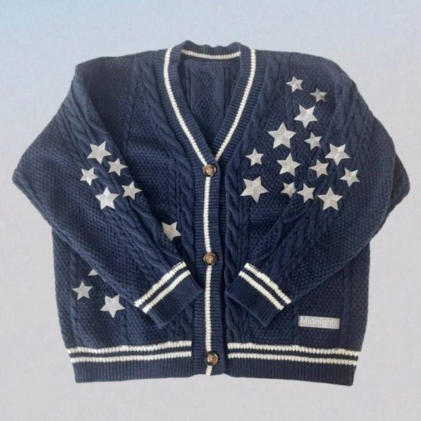 Women's Knits Midnight Dark Blue Cardigan Women Casual Fashion Star Embroidery Sweaters Femmes Autumn Winter Loose Fit Knitted Cardigans