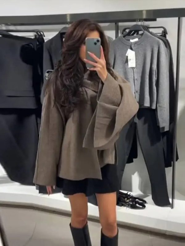 Womens Asymmetric Scarf Collar Woolen Cape Jacket Casual Patchwork Side Slit Solid Loose Coat Female Chic Outerwear 241031