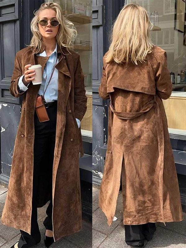 Women's Wool Blends Suede long windproof coat with belt womens velvet mermaid trench coat loose casual spring and autumn double chest coat T241101