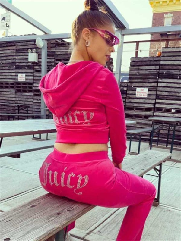 Women's Two Piece Pants Two piece set of diamond hoodies crop jacket and jogging pants set deluxe jogging set juicy leather sportswear T241101