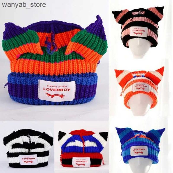 Wide Brim Hats Bucket Hats Couple Knitted Hat Pig Cat Ear Winter Hat Heavy Warm Fashion Hat Stripe Loverboy Cute Cartoon Fox Beanies Skullies for Men Women L240910