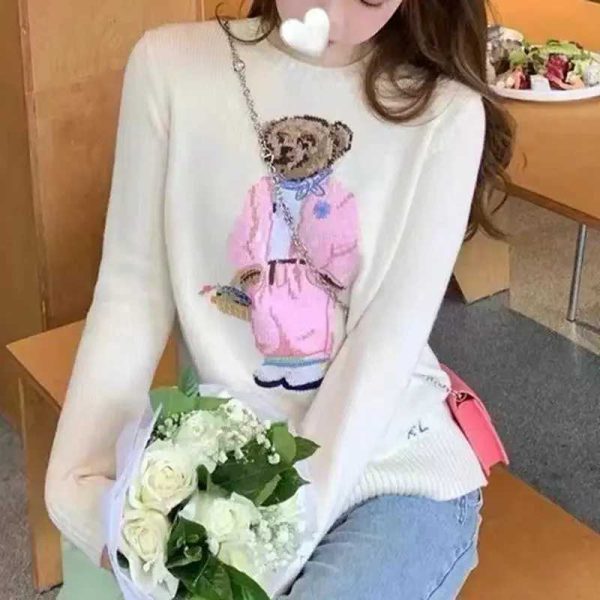 Women's Sweaters 2024 Autumn/Winter Fashion Casual Bear Pattern White Cotton Warm Round Neck Long Sleeve Sleve Womens Sweater T241101L162