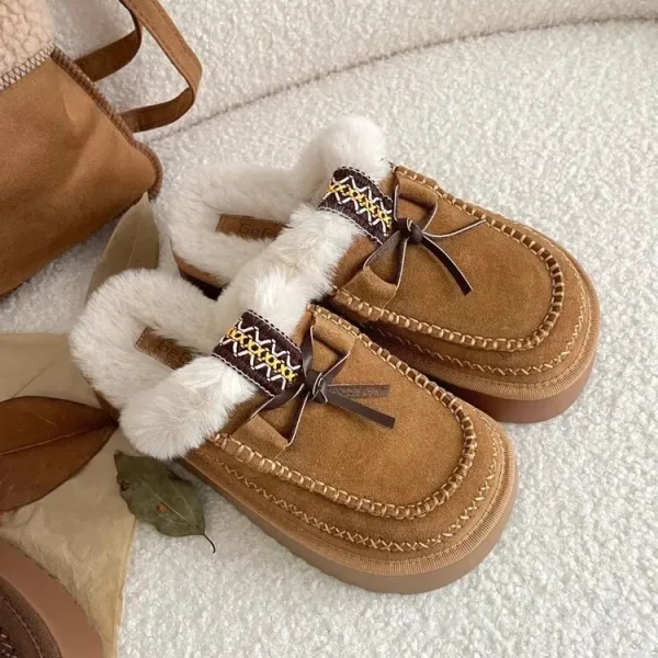 Women's Leather Shoes Cover Toe Ladies Slippers Med Platform Flock Fringe Flat Snow Boots Rome Fur Shearling Slides Rub