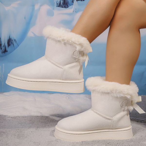 Winter Suede Women Fluffy Snow Warm Plush Platform Ankle Booties Woman Bow Slip On Cotton Boots EU36-42