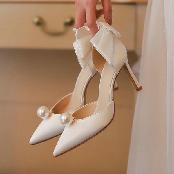 Bow 2024 Bridal Satin White Pearl Main Dress Heels Wedding Wear Hollow Shoes French fe75