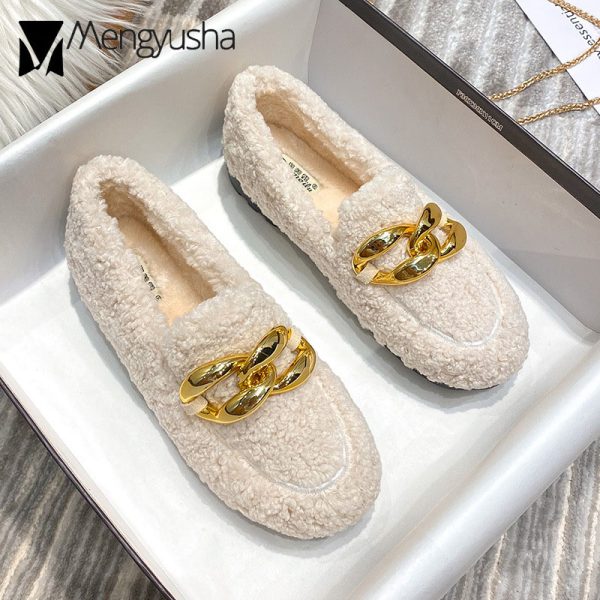 62f9c chain gold lamb big fur flat shoes woman thick bottom espadrilles with plush furry slip on loafers female winter outdoor flats ry s