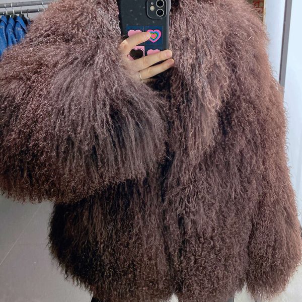 YOLOAgain Women's Real Mongolia Sheep Fur Jacket Dark Brown Sheep Fur Jacket 449