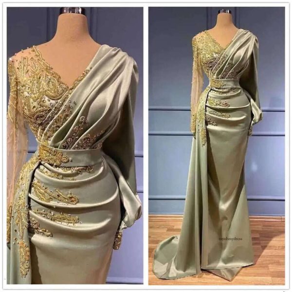 Arabic Dubai V Neck Satin Mermaid Evening Dress Sheer Long Sleeves Beaded Ruched Or Length Formal Party Gowns Special Ocn Dresses BC 0703