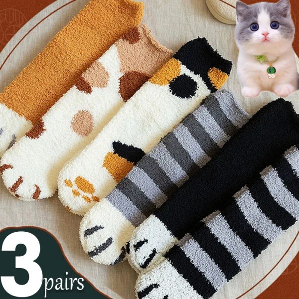 1-3 pairs of plush coral velvet floor slide socks meow cat paws thick fluffy furry tubes sleeping socks womens warm winter and autumn socks 241104