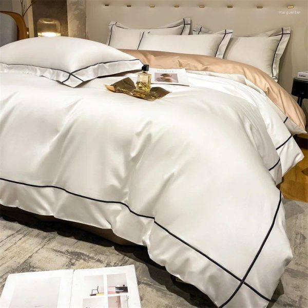 Bedding Sets Egyptian Cotton Set Double King Queen Size Solid Color Embroidery Duvet Cover Flat/Fitted Bed Sheet en