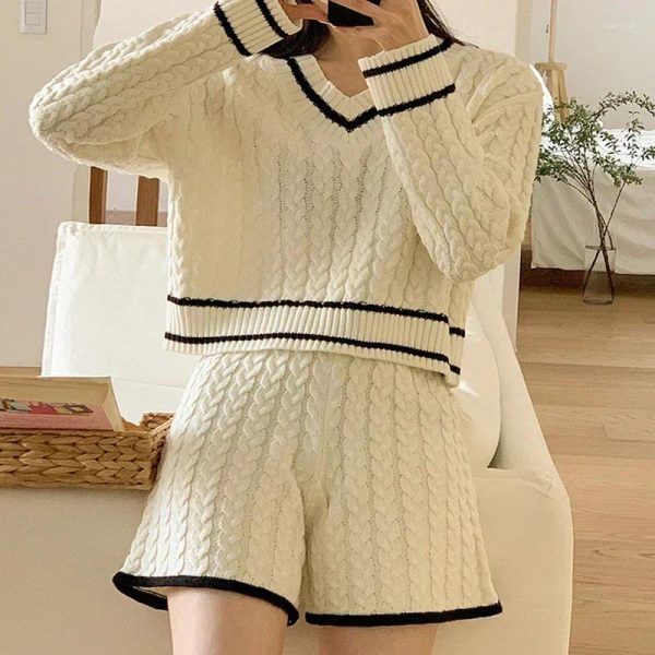 Women's Tracksuits POCZCIY Women Casual Long Sleeved Knitted Tops Shorts Set V-Neck Chic Loose Shirt High Waisted For