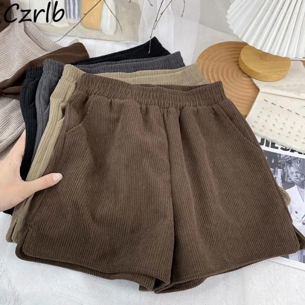 Women's Shorts Wide Leg Women Autumn Winter Corduroy Elastic High Waist Pockets Solid Casual All-match Keep Warm Streetwear Side-slit