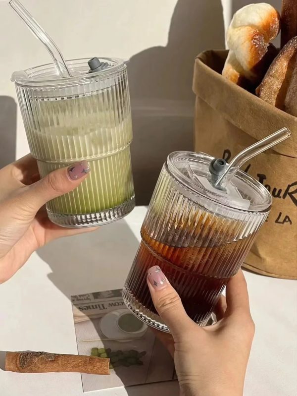 12PCS 450ml Stripe Glass Cup Transparent Glasses With Lid and Straw Ice Coffee Mug Tea Juice Milk Water Drinkware 241029