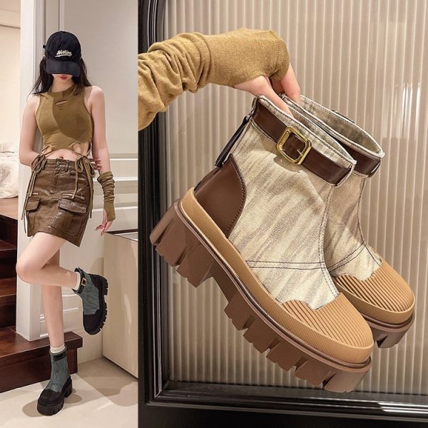 Women's Fashion Boots:British Style Trendy Thick Sole Martin Boots Outdoor Wear Winter Warm,Black/Beige,Free shipping