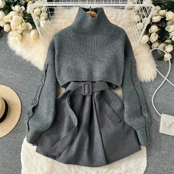 Womens Winter Cropped Sweatervest Suit Jacket Skirt 2-piece Set Korean Style Fashionable Elegant Womens Outwear 241107