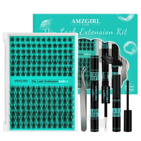 AMZGIRL LASH 168pcs DIY Eyelashes Kit Cluster Lashes D Curl Waterproof Bond and Seal with Remover Tweezer Easy Apply Premade Fan 241107