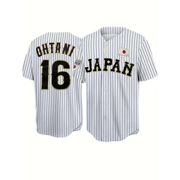 2024 New Men's Stripe Print # JAPAN 16 Embroidered Retro Casual Breathable Loose Short Sleeve Button Baseball Jersey Training We