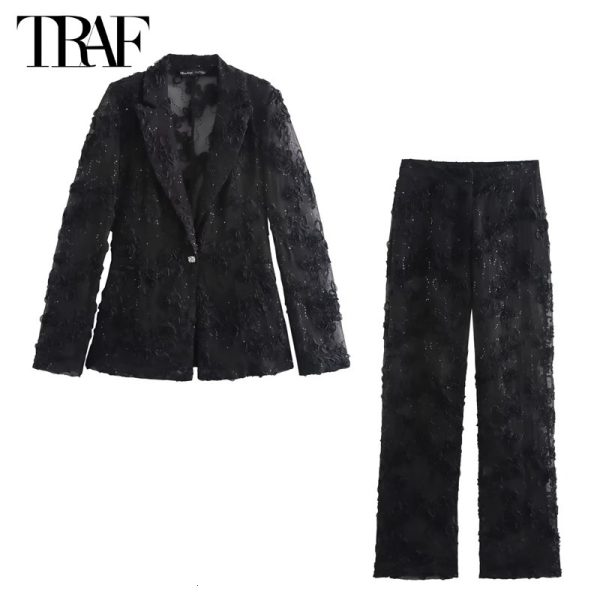 TRAF Sequin Pants Sets for Women 2 Pieces Flower Womens Blazer Suits Outfit Semi Sheer Trousers 241108