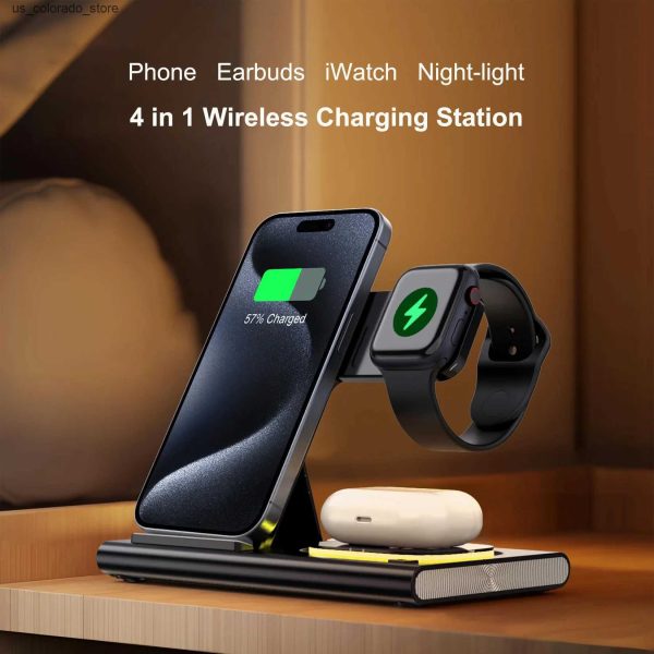 Wireless Chargers Wireless charging station 4-in-1 foldable 15W fast charging wireless charging station with night light suitable for iPhone iPod iWatch L240910