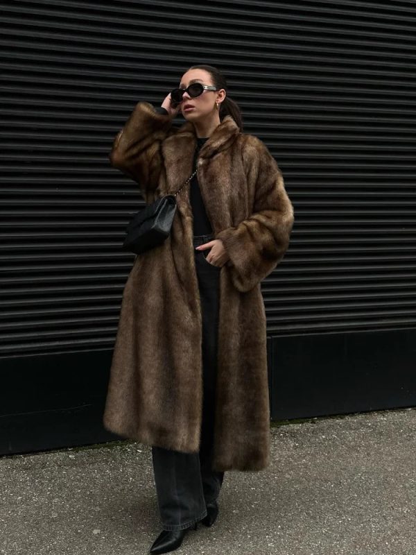 Womens Retro Faux Fur Coat Fashion Collar Single Chest Long Sleeve Pocket Jacket Winter Plush Warm Street Coat 241108