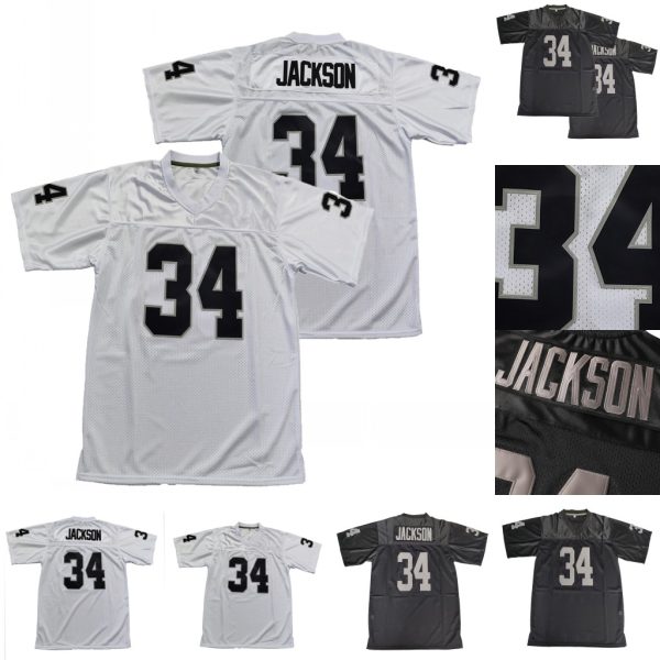 #34 Bo Jackson Comfy V-Neck Football Jersey Black White Mesh Embroidery for Training and Competition Breathable Moisture-Wicking American Football Shirt