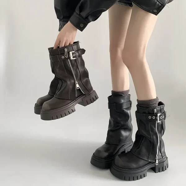 Women Winter Biker Boots Fashion Belt Buckle Ladies Elegant Platform Long Pipe Booties Casual Women's Knee High Booties2024 1139 's 2024