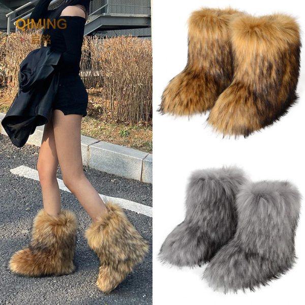 Women Faux Fur Boots Winter Fluffy Plush Warm Mid Calf Snow Boots Fashion Furry Boots Comfortable Outdoor Flat Shoes 241112