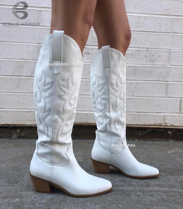 BONJOMARISA White Cowboy Cowgirls Western Boots Embroidery Fashion Women Knee-High Boots Autumn womens Boots Shoes 241112