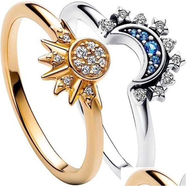 Band Rings 2Pc/Set Summer Couple Ring Set Sky Blue Sparkling Moon And Sun 2023 New Womens Stackable Finger Engagement Jewelry Drop Del Otbnw