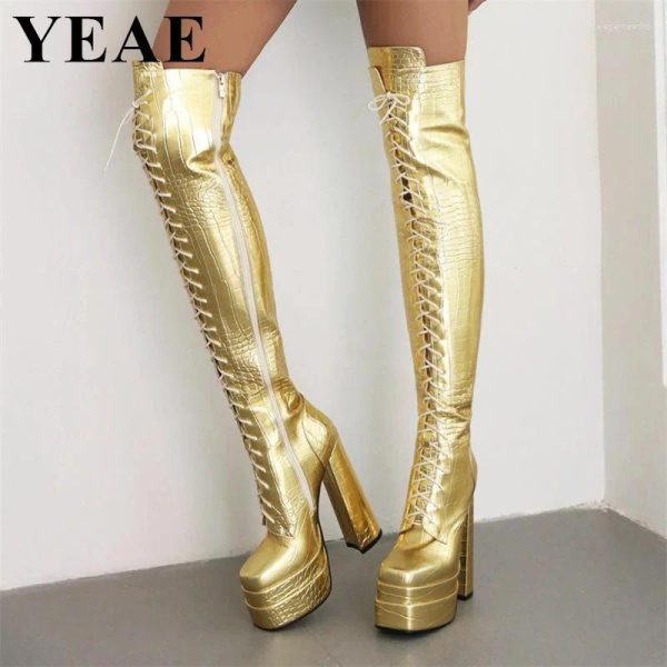 Boots 2024 Women Thick Sole Platform Over The Knee Lace Up Thigh High Chunky Heels Shoes Female Long Woman