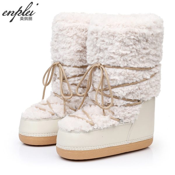 Winter Fur Leather Boots Snow Boots Womens Fluffy Fury Artificial Fur Leather Boots Mid calf Platform Pink Black and White Fur Leather Boots 241113