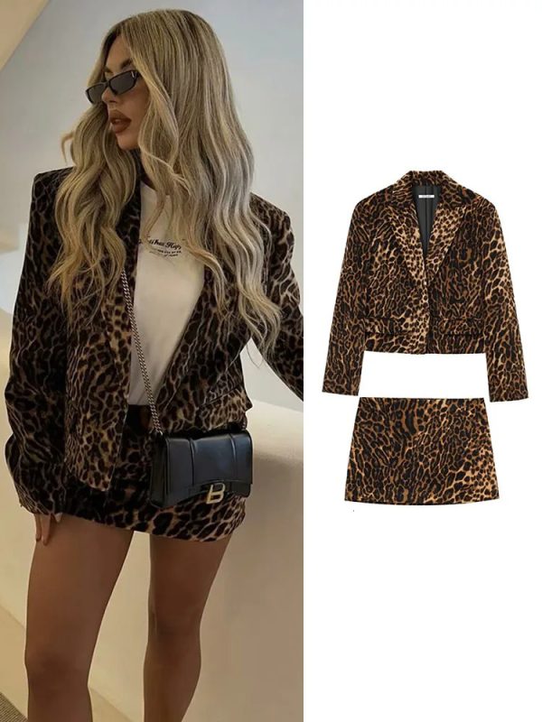 TRAF Autumn Women Leopard Print Velvet Blazer Skirt Suit Fashion Notched Pockets Cropped Jackets Side Zipper Mini Skirt 241114